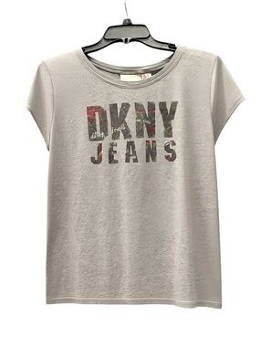 DKNY Women's Short Sleeve Logo Tee in Light Gray with Multicolor Print